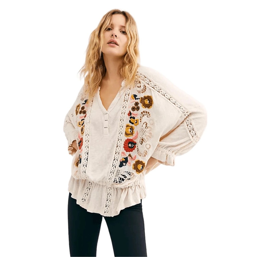 Free People Peasant Blouse Womens Medium Ivory Excellent Boho Embroidered Lace